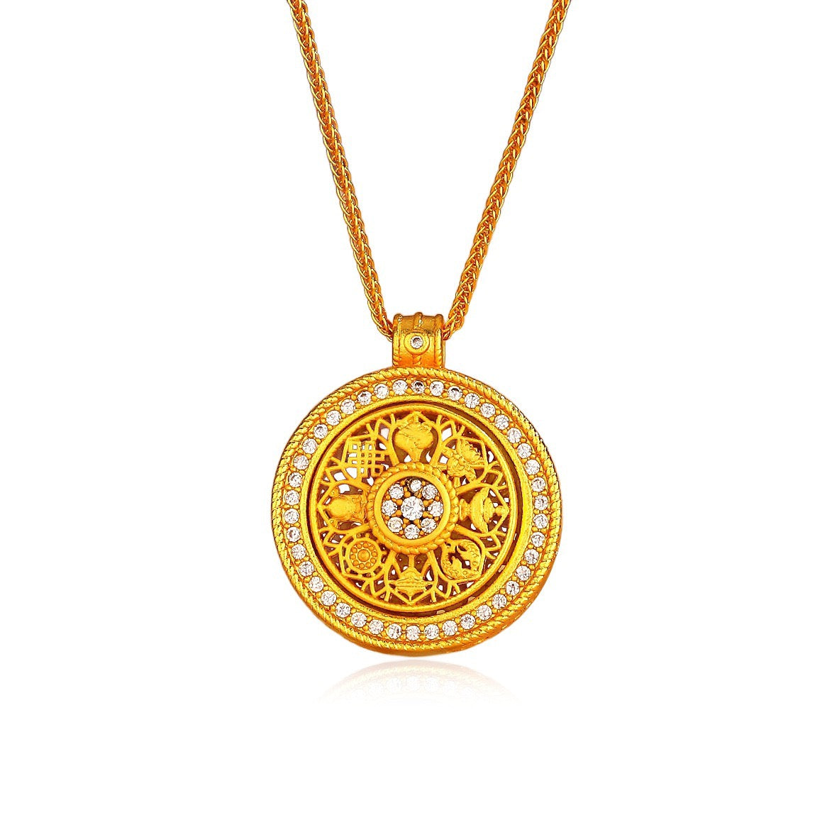 Fashionable rotatable diamond-studded design ancient hollow disc clavicle chain