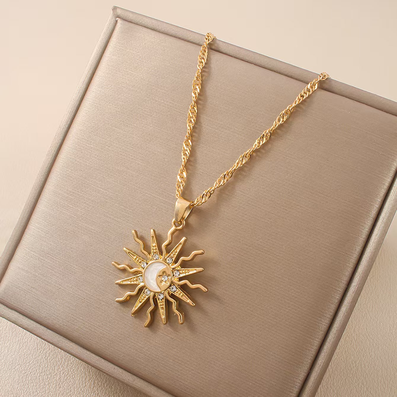 14K Gold Sparkling Sun & Moon Necklace