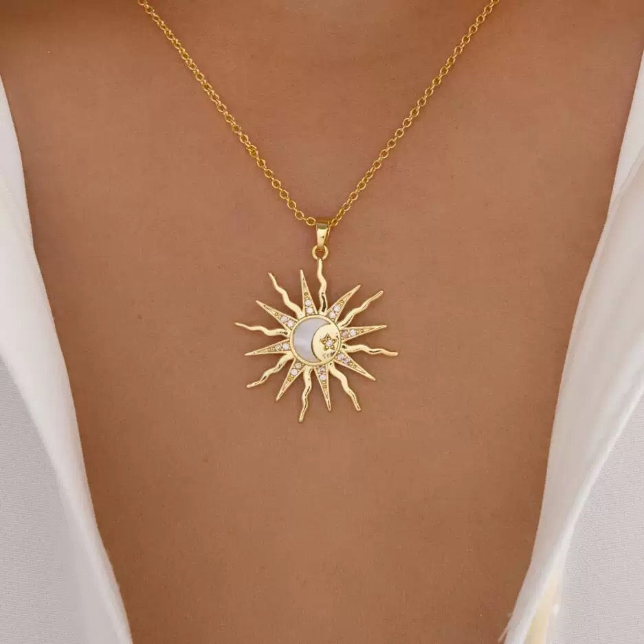 14K Gold Sparkling Sun & Moon Necklace