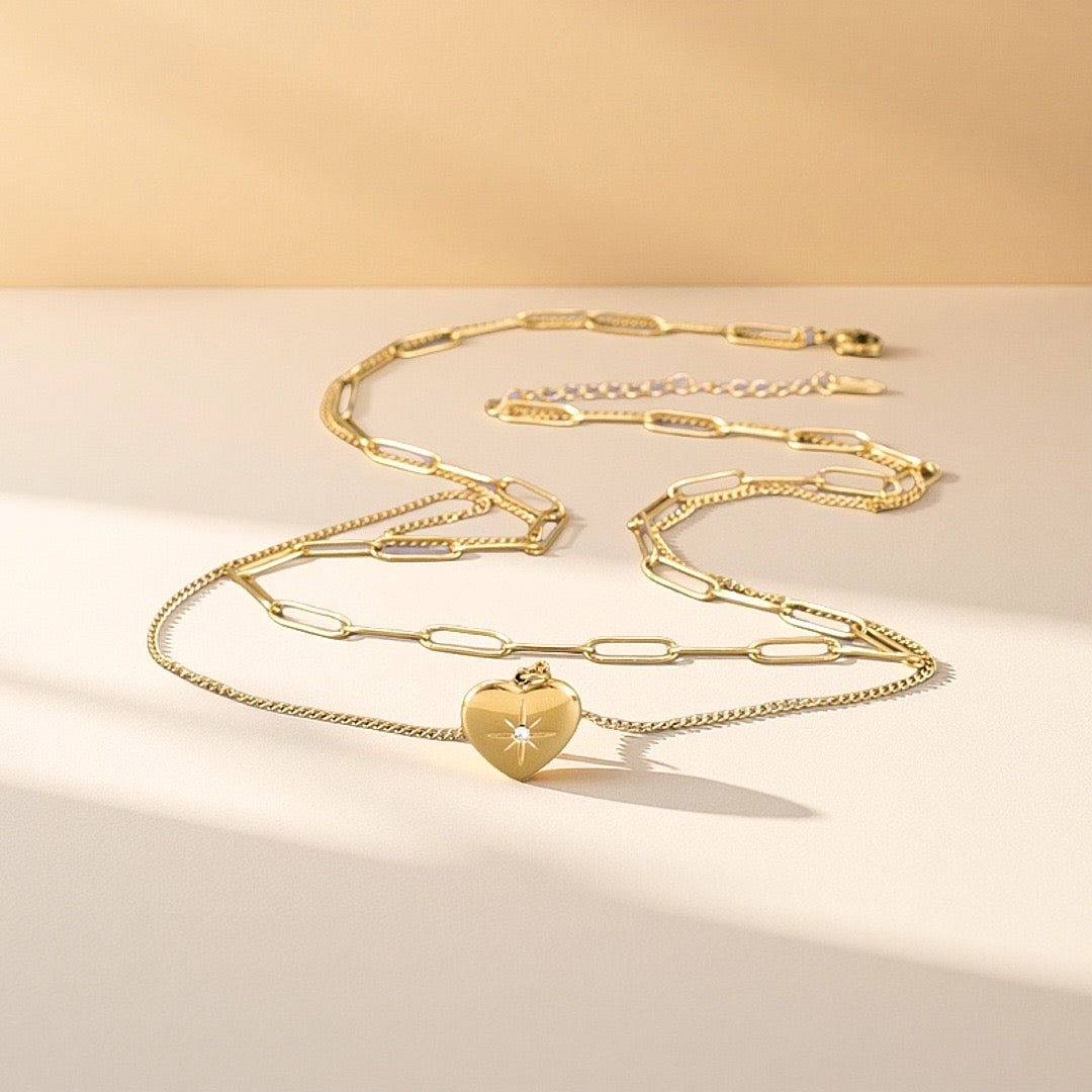 14K Gold Double Heart Octagram Zircon Necklace