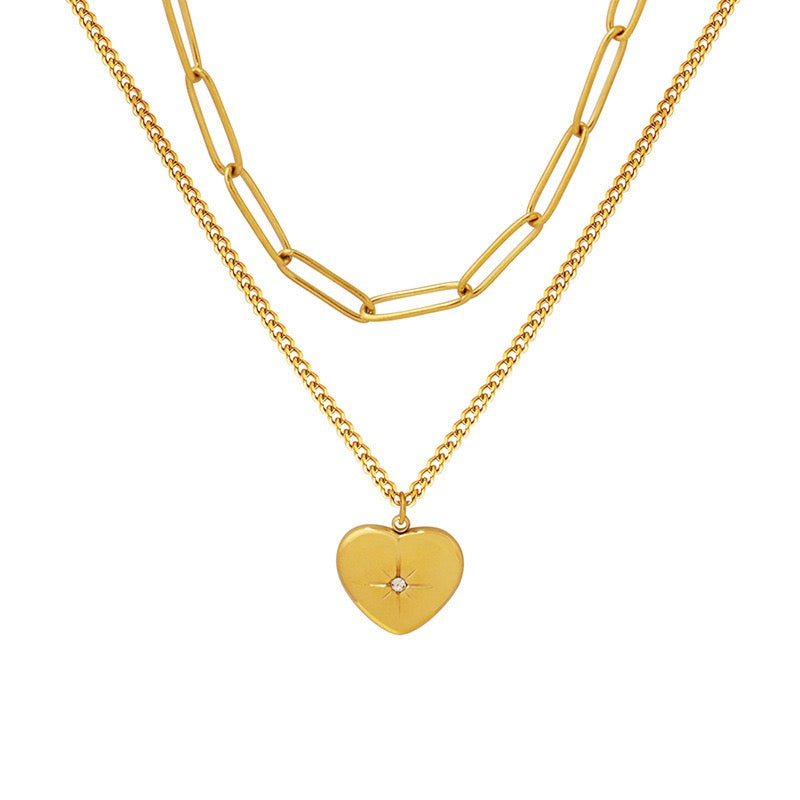 14K Gold Double Heart Octagram Zircon Necklace