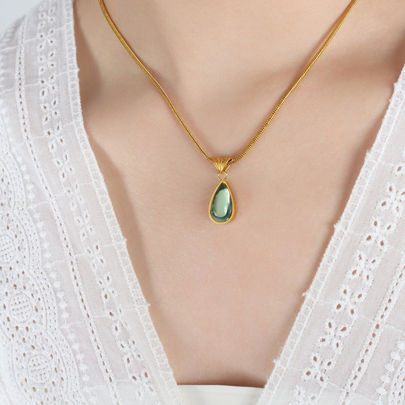 Natural stone French clear green water drop blue ocean necklace