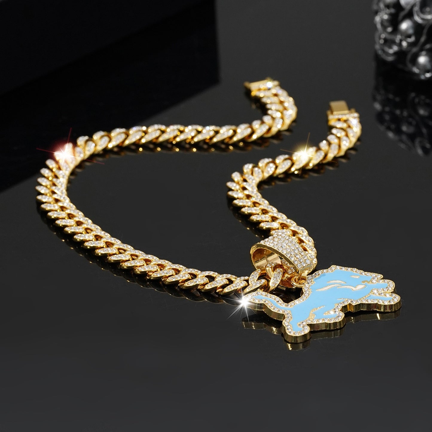 Hip Hop Cheetah Pendant Jewelry 14K Gold Ice Box Lock Cuban Necklace