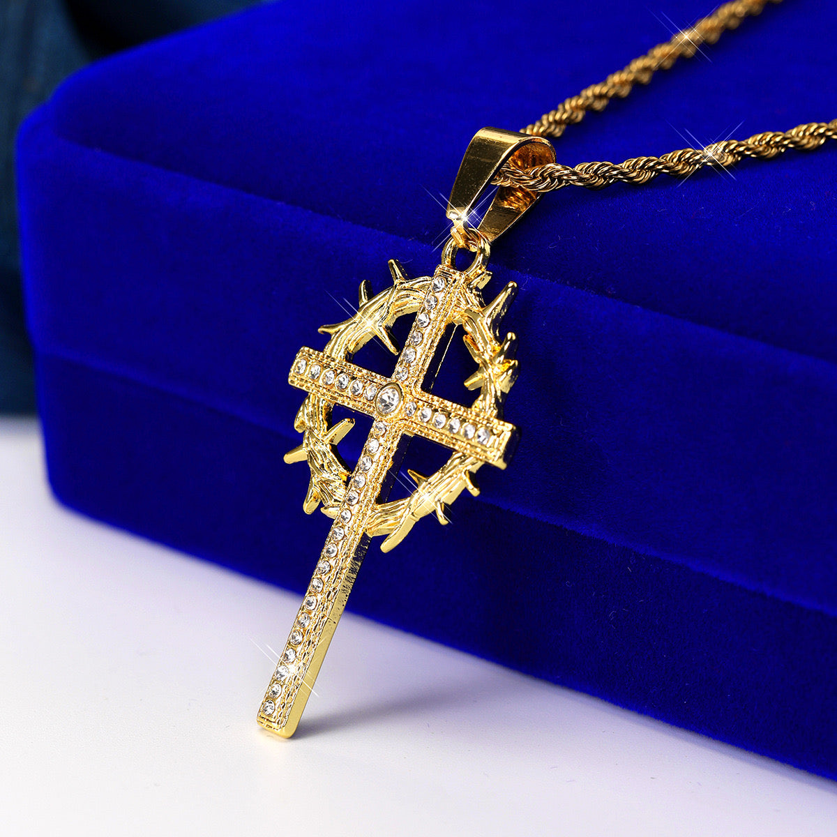 14K Gold Necklace Hip Hop Ice Crystal Cross Pendant