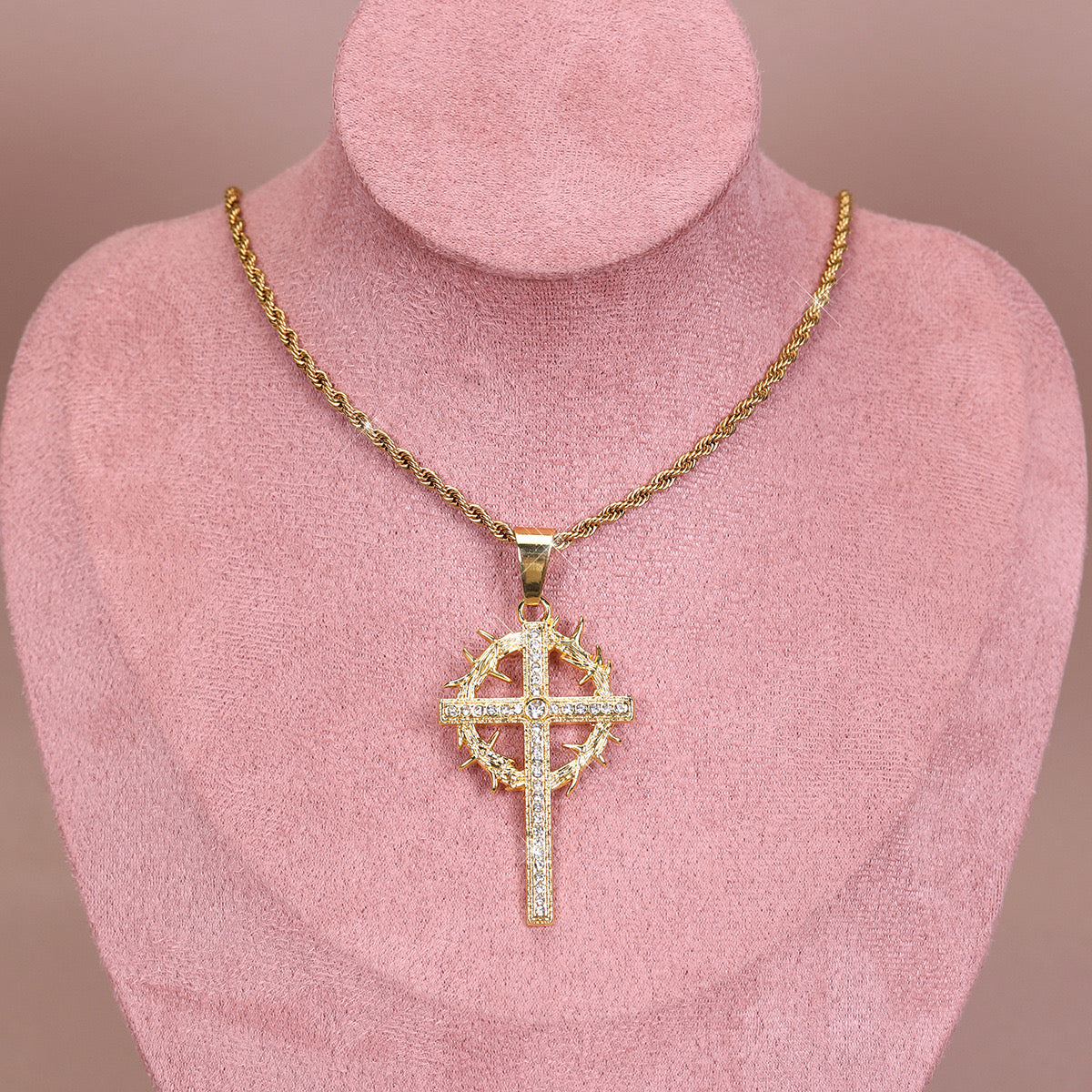 14K Gold Necklace Hip Hop Ice Crystal Cross Pendant