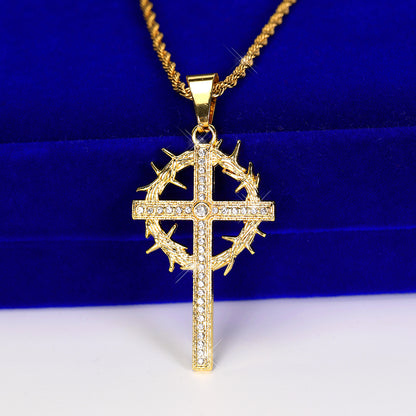 14K Gold Necklace Hip Hop Ice Crystal Cross Pendant