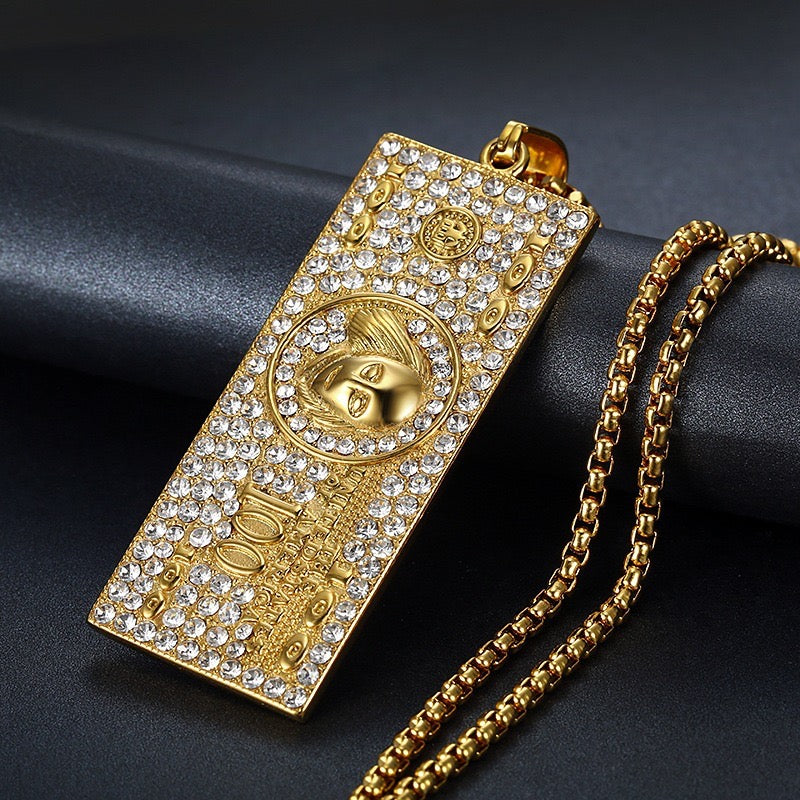 14K Men's and Women's Dollar Bill Pendant Fashionable Versatile Necklace