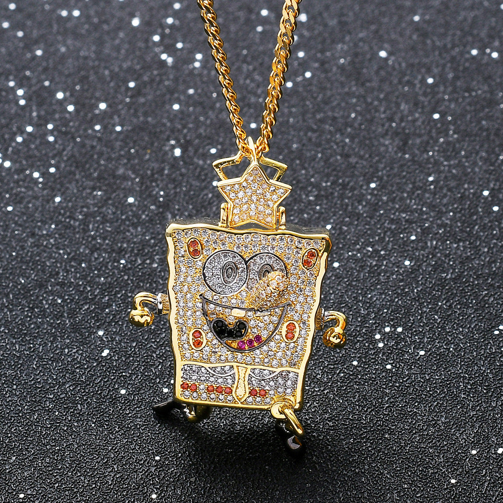 Stylish 14K Gold Men's Cartoon Charm Pendant with 1.50 Carat Round Diamonds – Unique and dazzling jewelry for bold and fun personalities