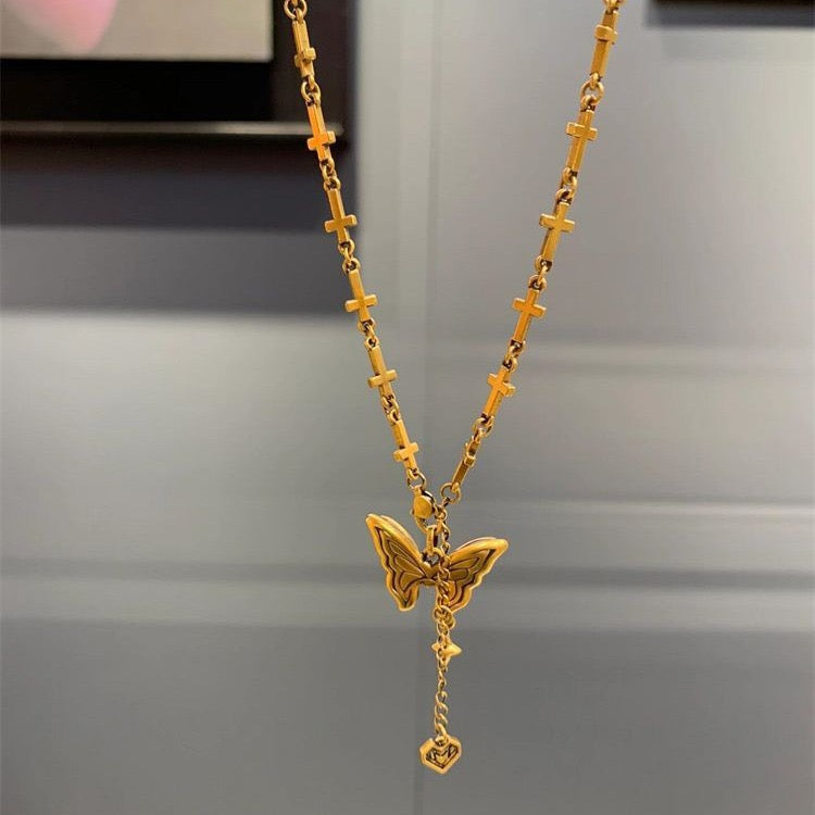 14K Gold Baroque Butterfly Cross Pendant