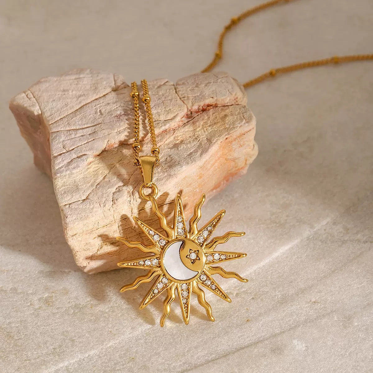 14K Gold Sparkling Sun & Moon Necklace