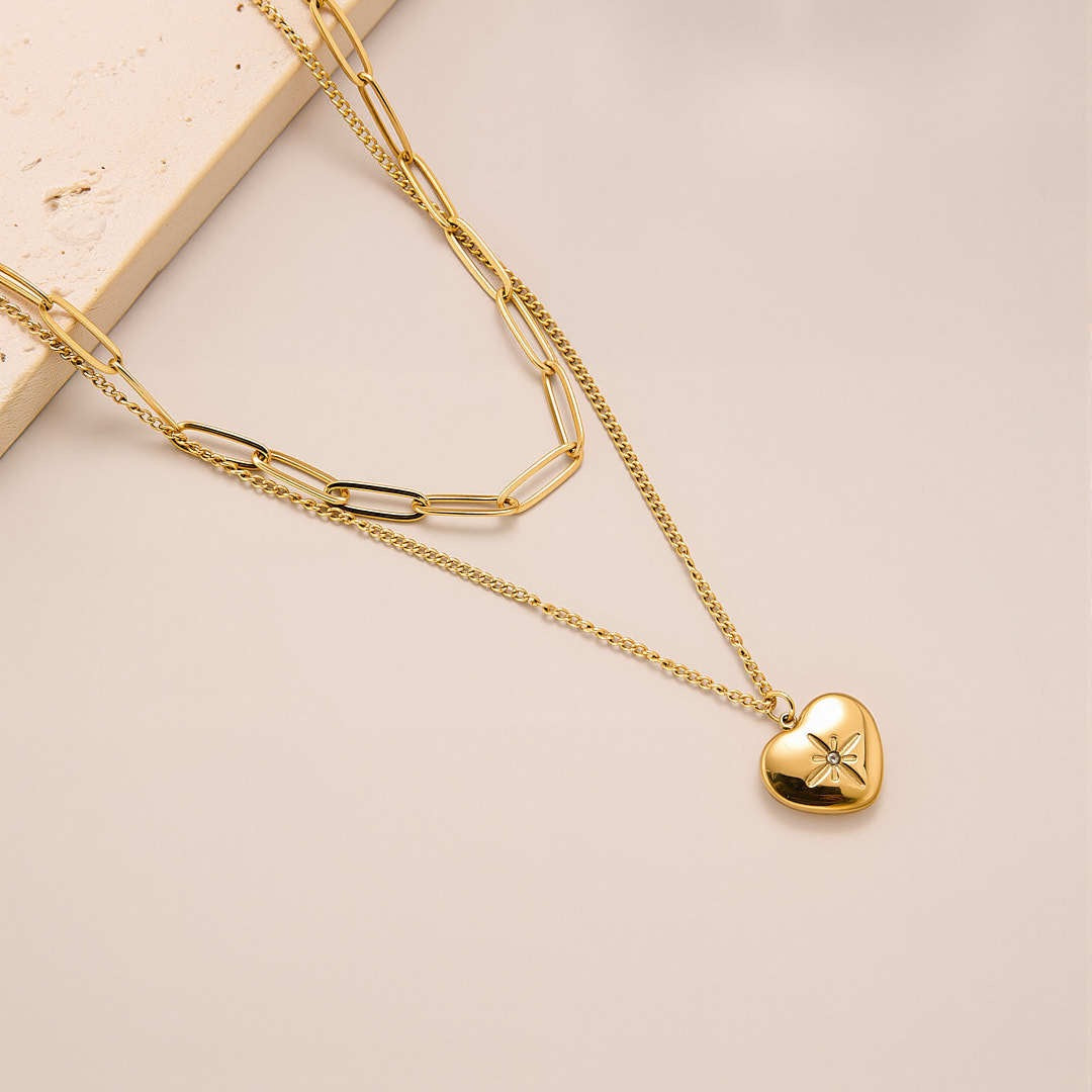 14K Gold Double Heart Octagram Zircon Necklace