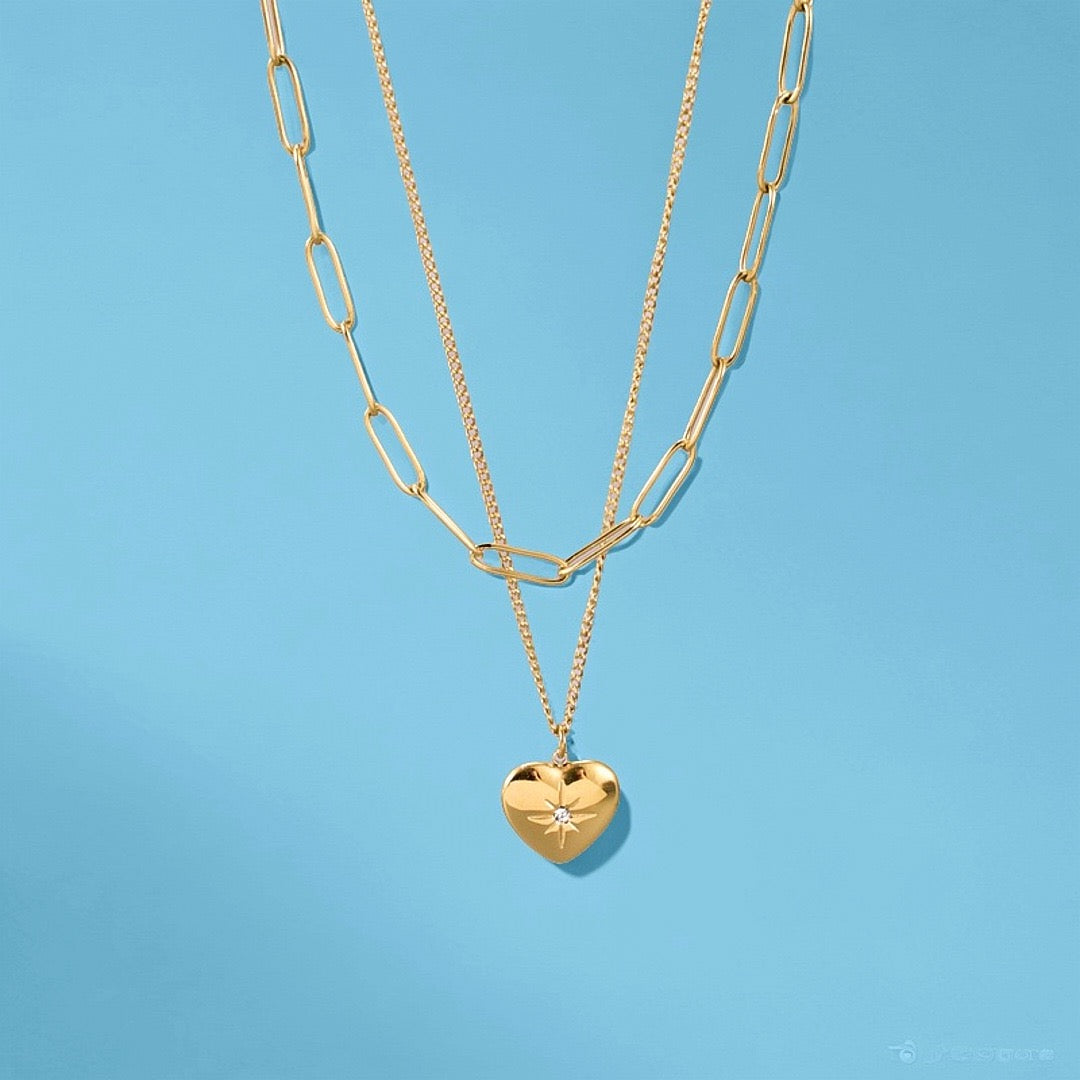 14K Gold Double Heart Octagram Zircon Necklace