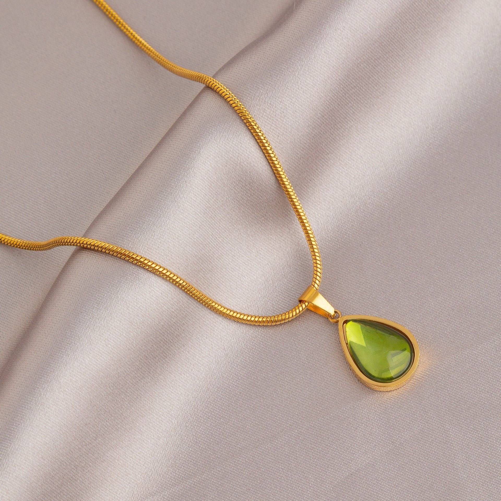 Natural stone French clear green water drop blue ocean necklace