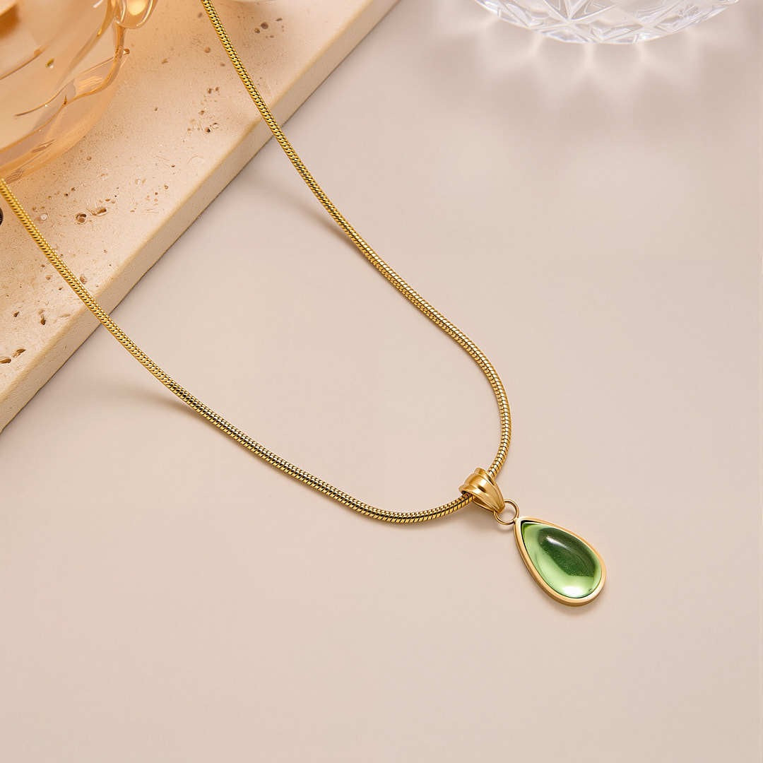 Natural stone French clear green water drop blue ocean necklace