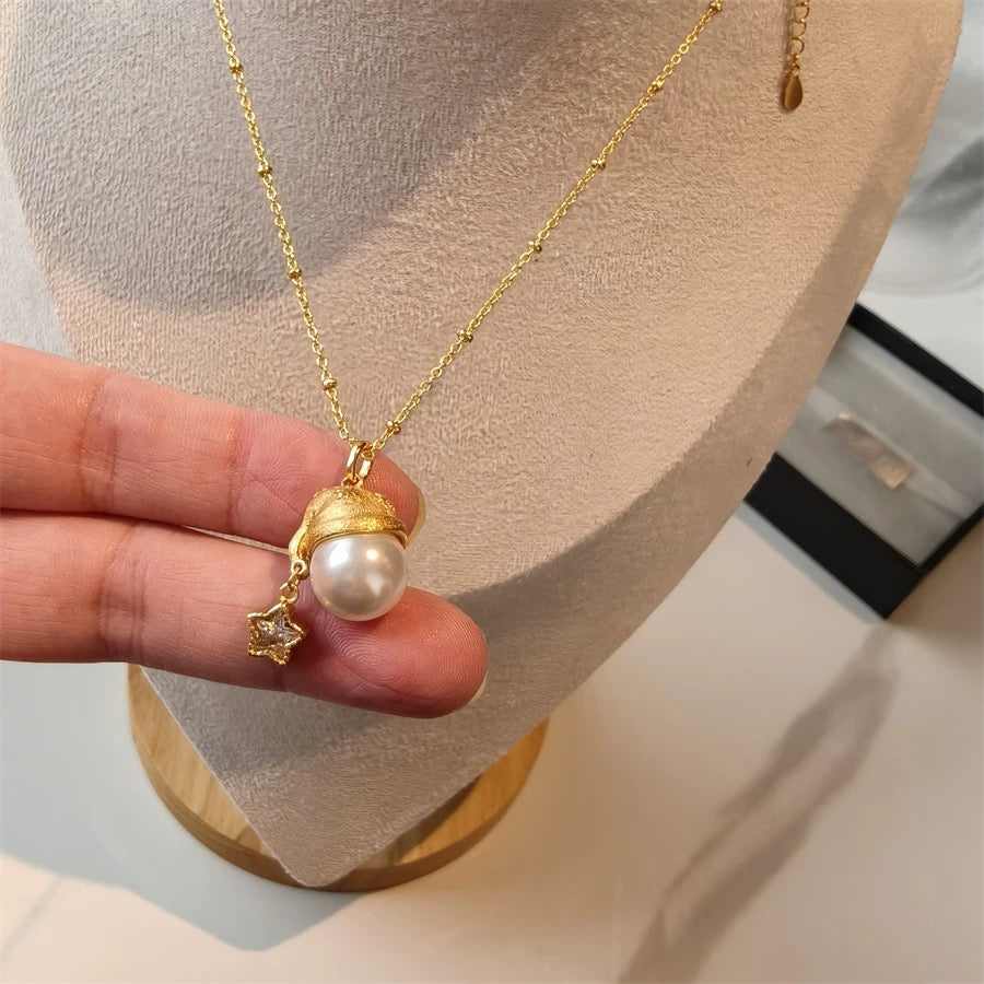 14K Gold Christmas Hat Pearl Necklace