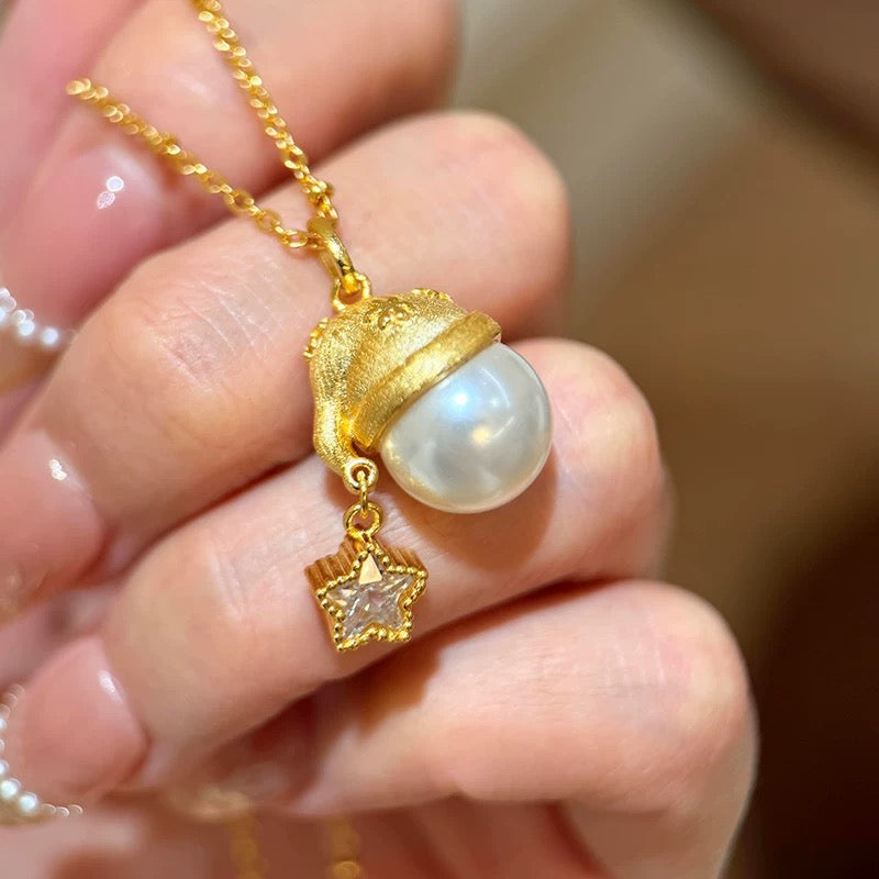 14K Gold Christmas Hat Pearl Necklace