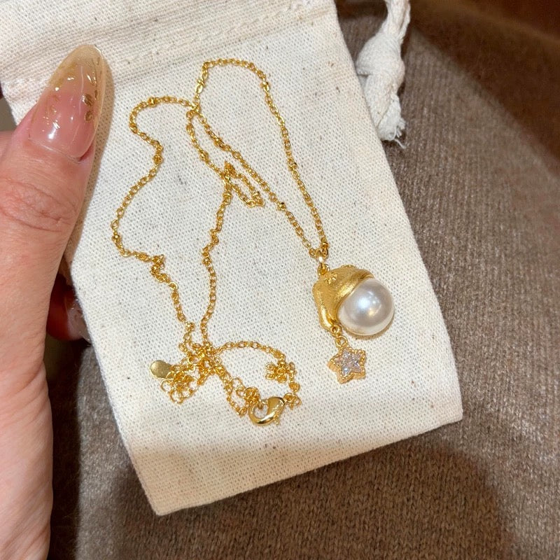 14K Gold Christmas Hat Pearl Necklace