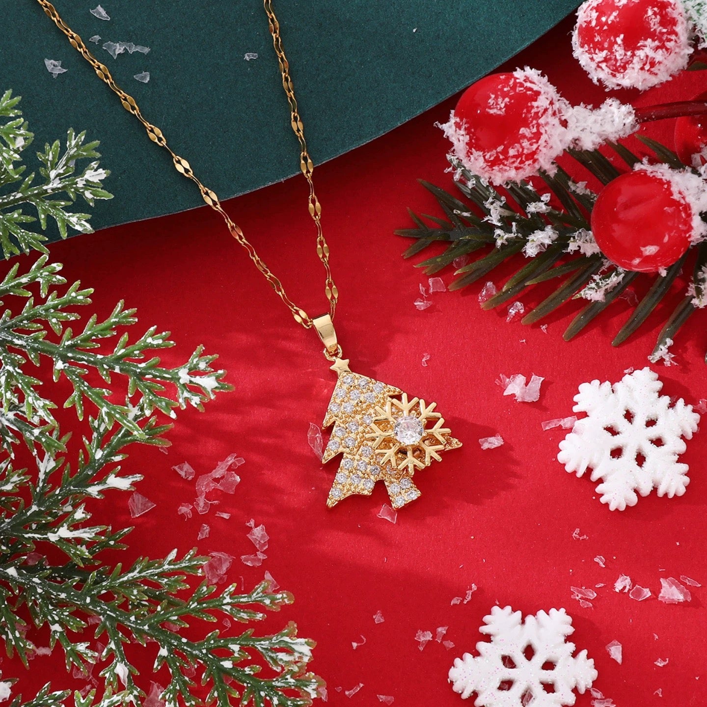 14k snowflake Christmas tree pendant necklace