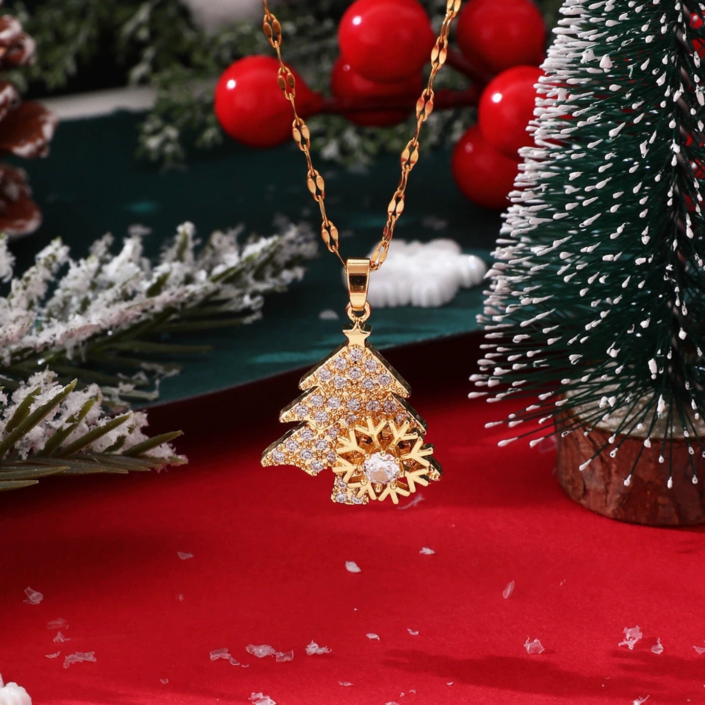 14k snowflake Christmas tree pendant necklace