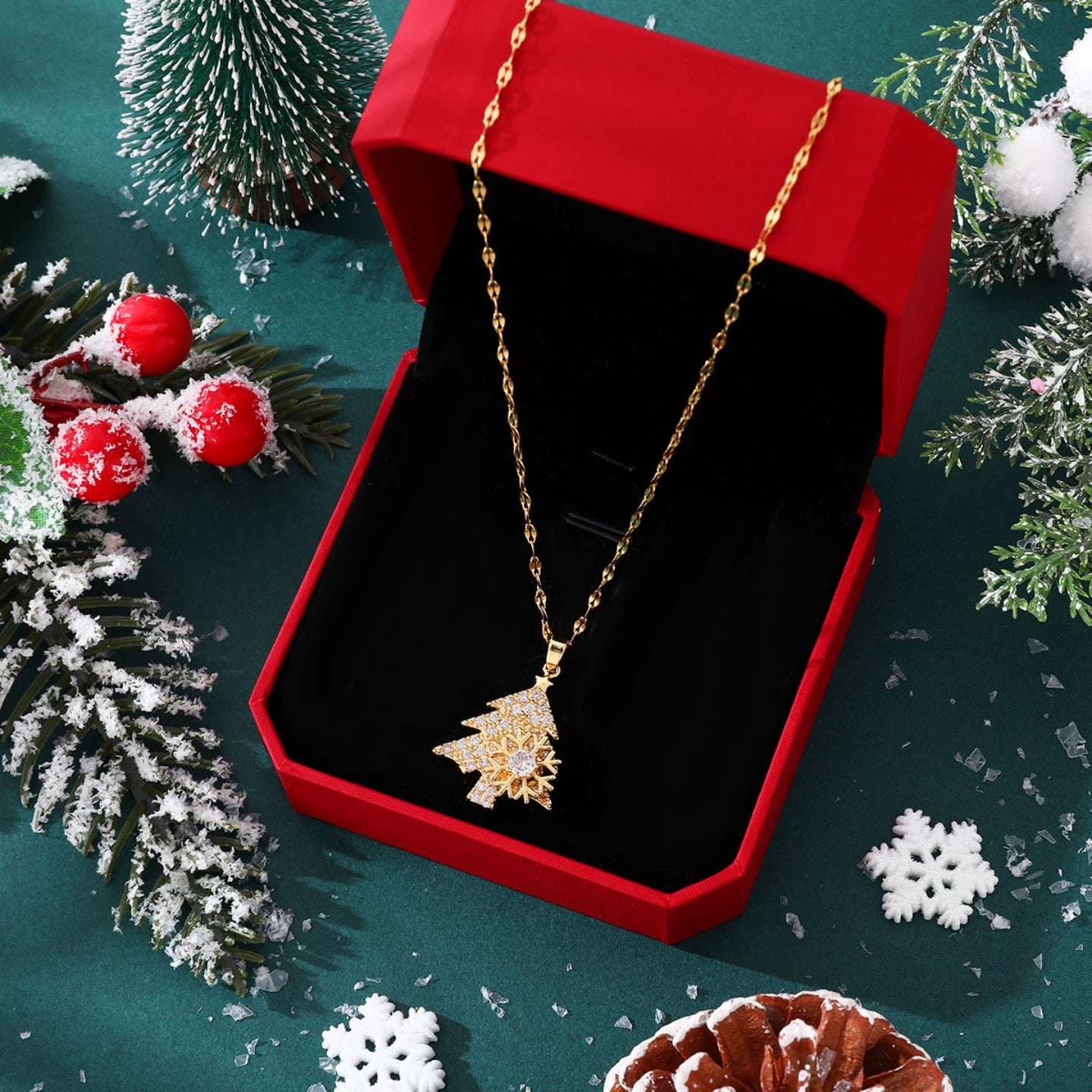 14k snowflake Christmas tree pendant necklace