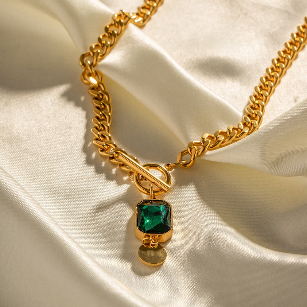 14K Gold French Style Emerald Necklace