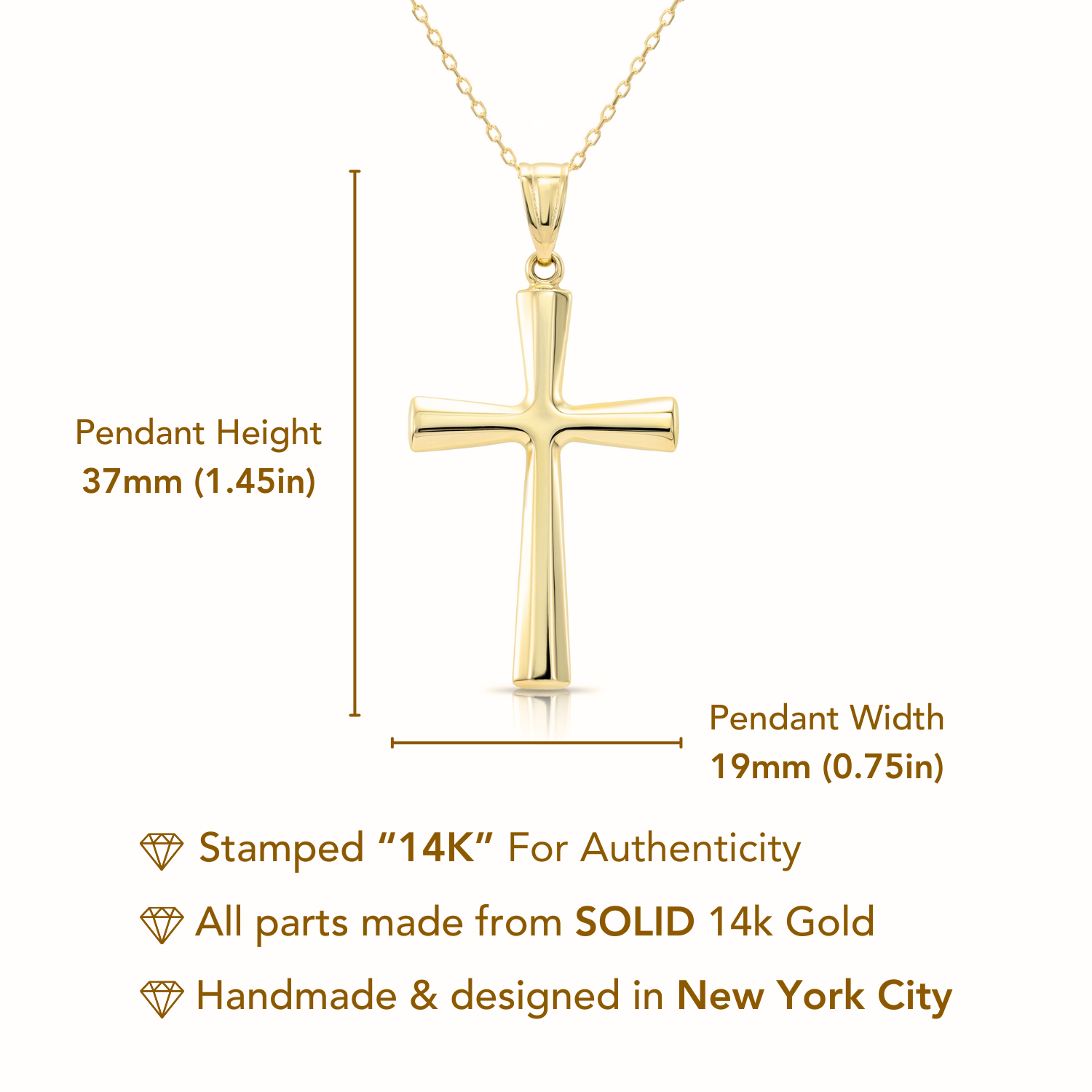 14K Gold Classic Cross Pendant. With 18 Cable Chain Necklace