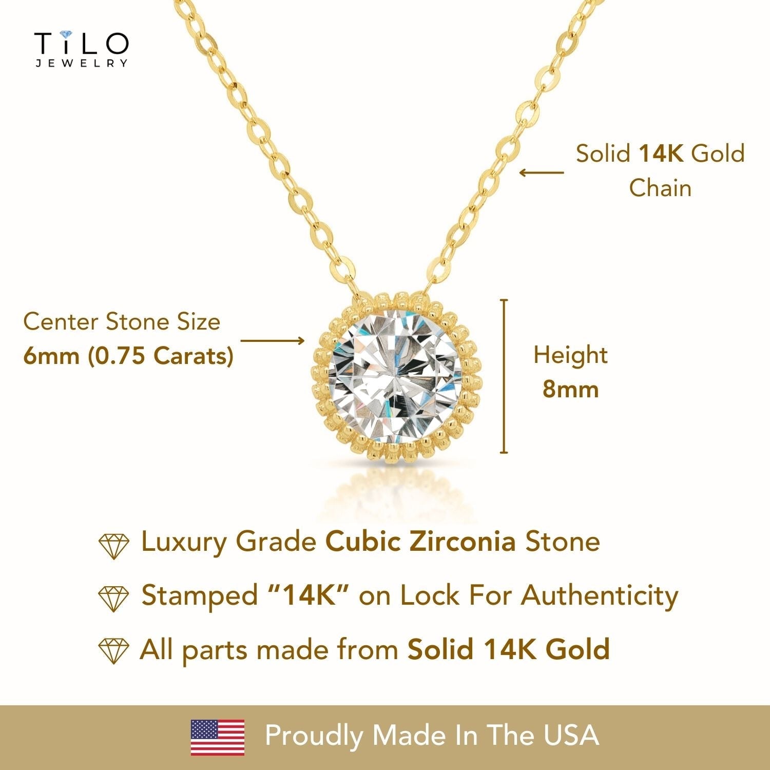 14k Gold Classic Solitaire Necklace. With Adjustable 14K Gold Cable Chain 16-18