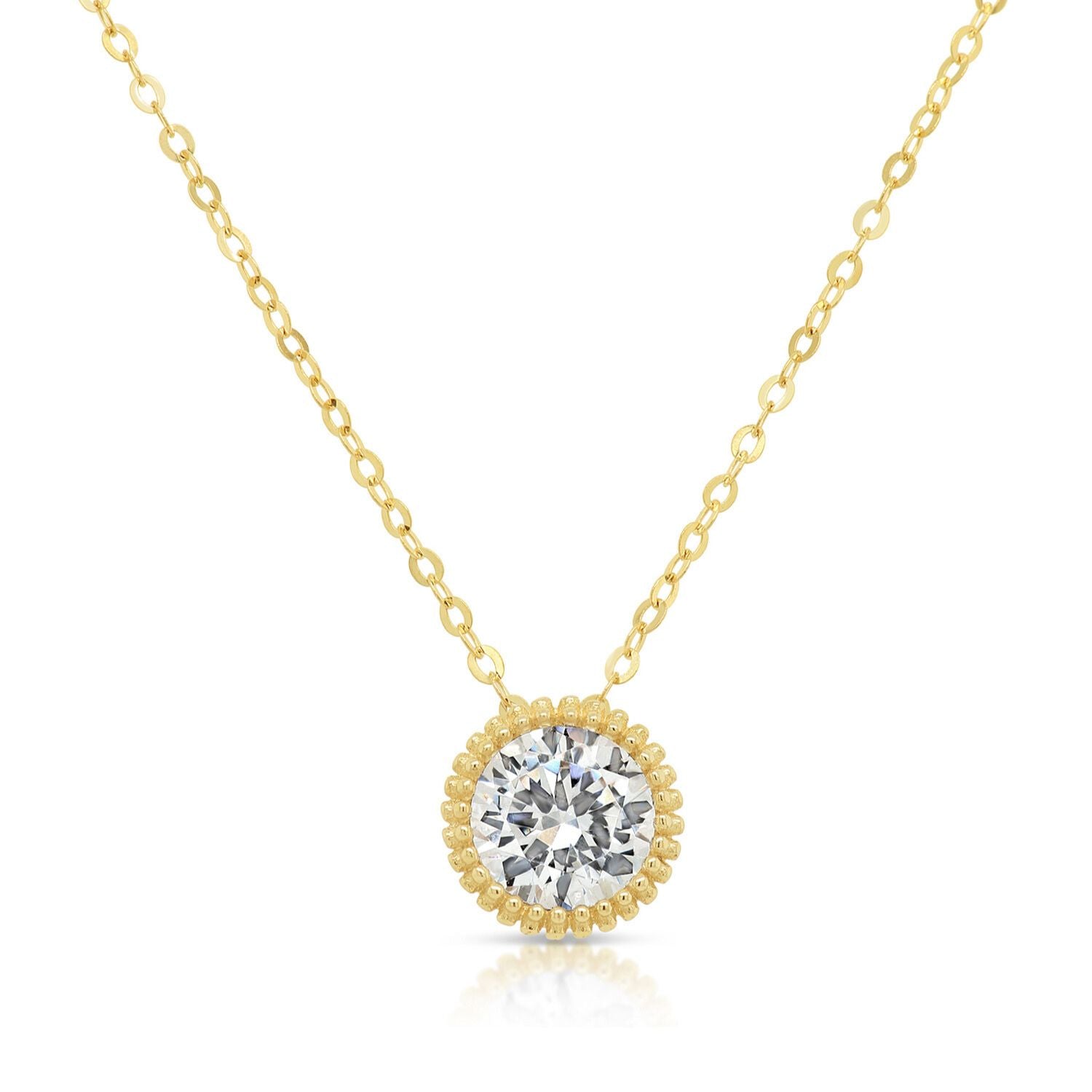 14k Gold Classic Solitaire Necklace. With Adjustable 14K Gold Cable Chain 16-18