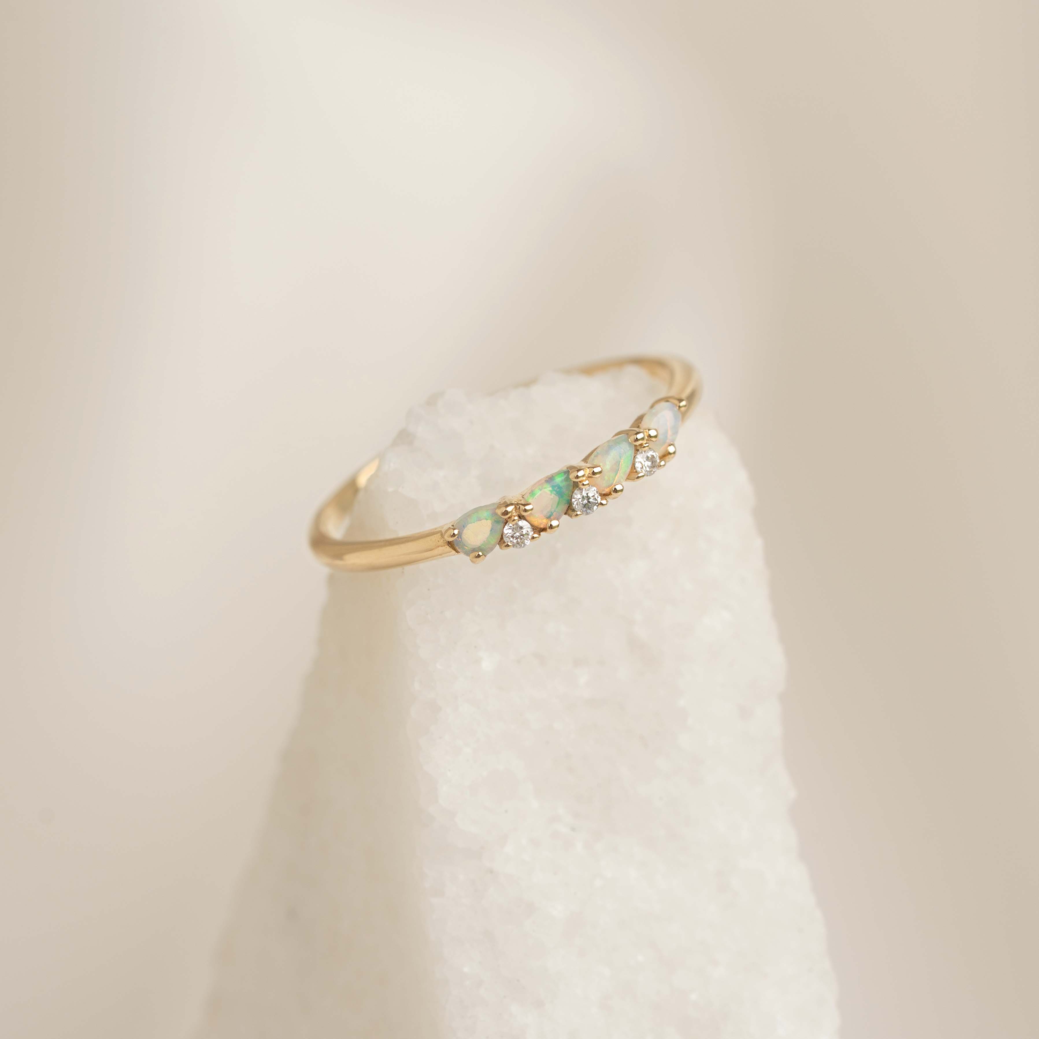 October Birthstone Pear Ring 14k Gold - Opal and Diamond