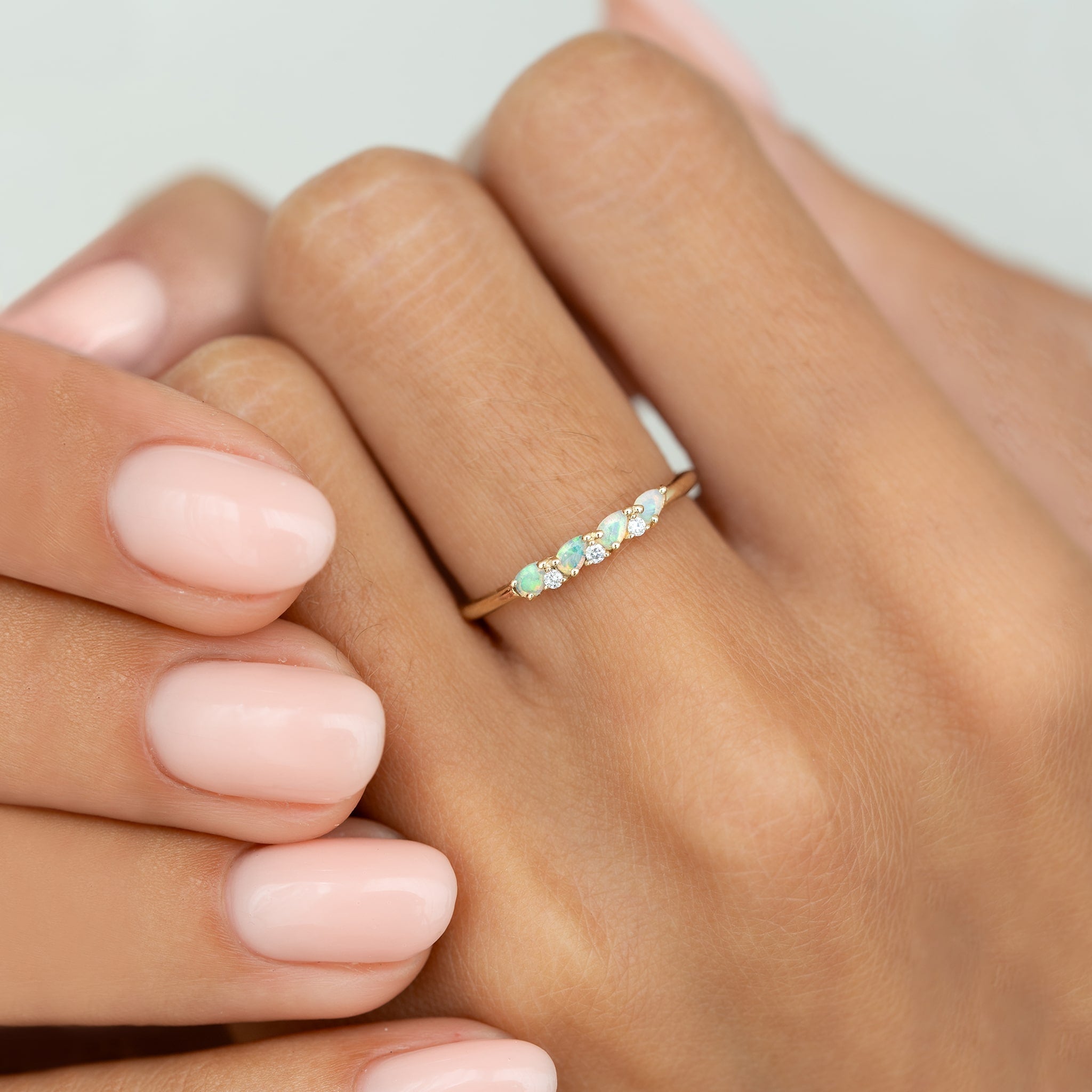 October Birthstone Pear Ring 14k Gold - Opal and Diamond