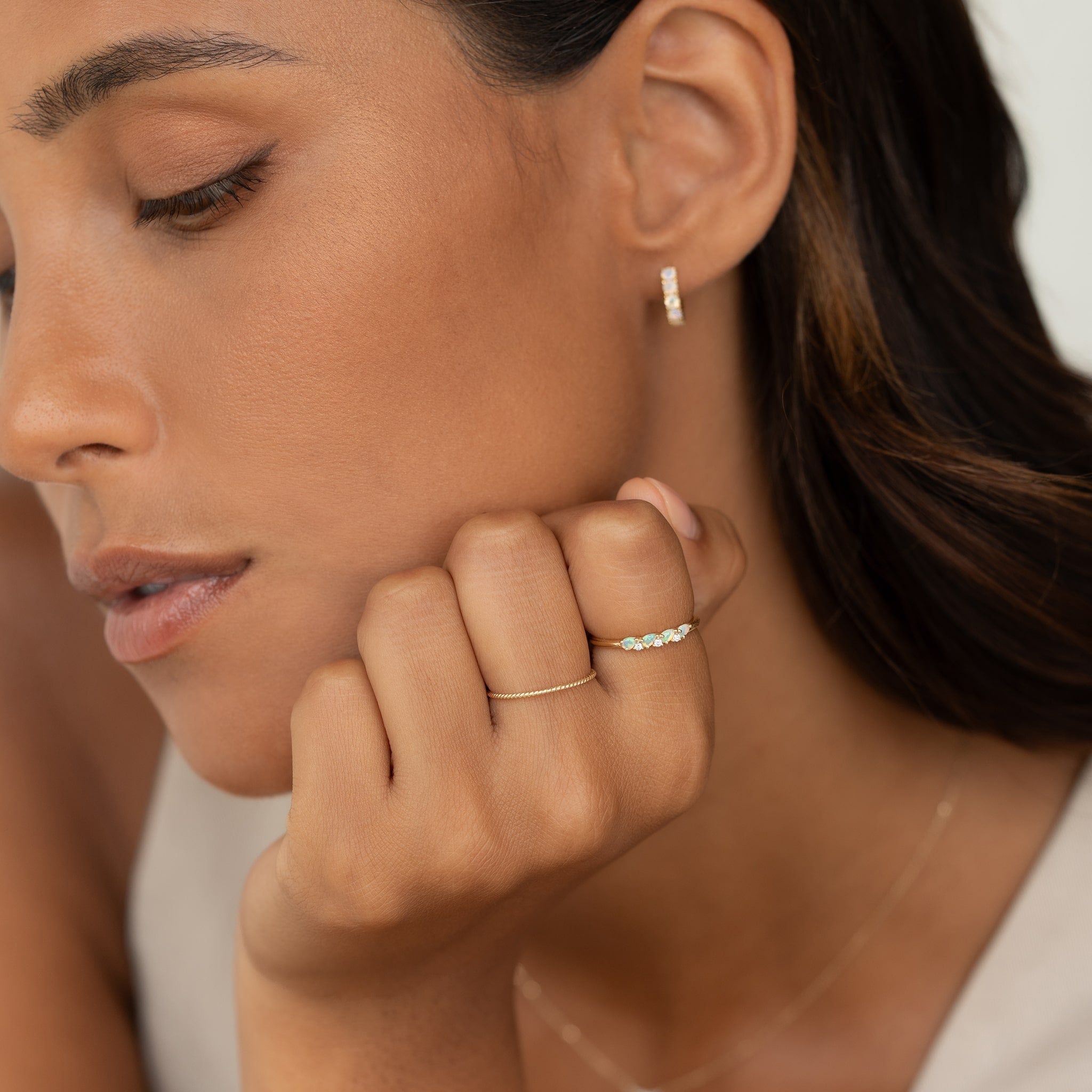 October Birthstone Pear Ring 14k Gold - Opal and Diamond