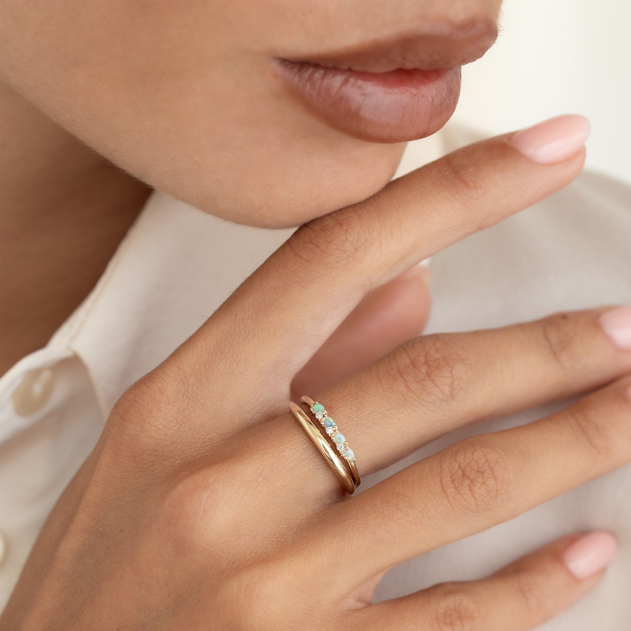 October Birthstone Pear Ring 14k Gold - Opal and Diamond