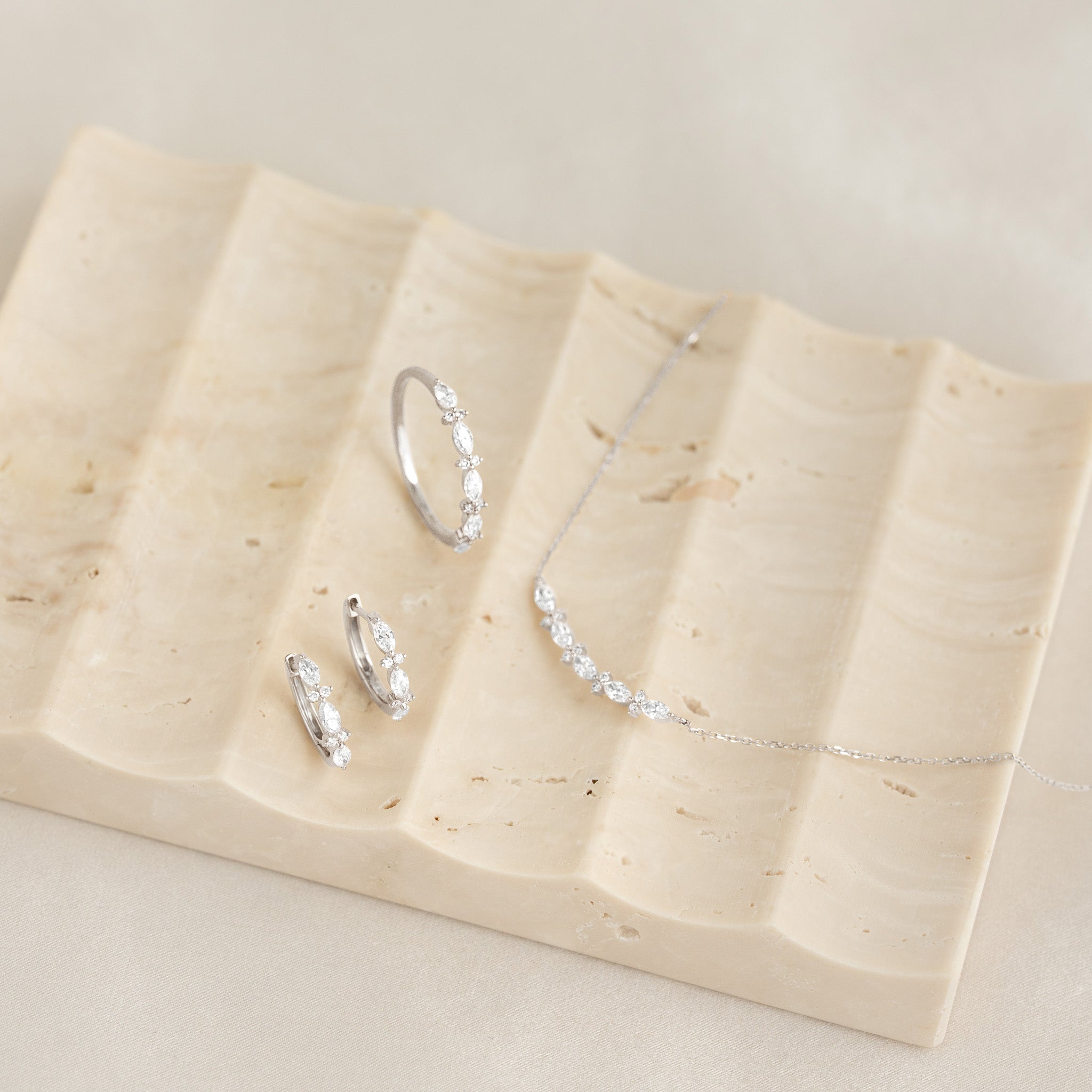 Marquise and Round Diamond Huggie Earrings White Gold - Zoya