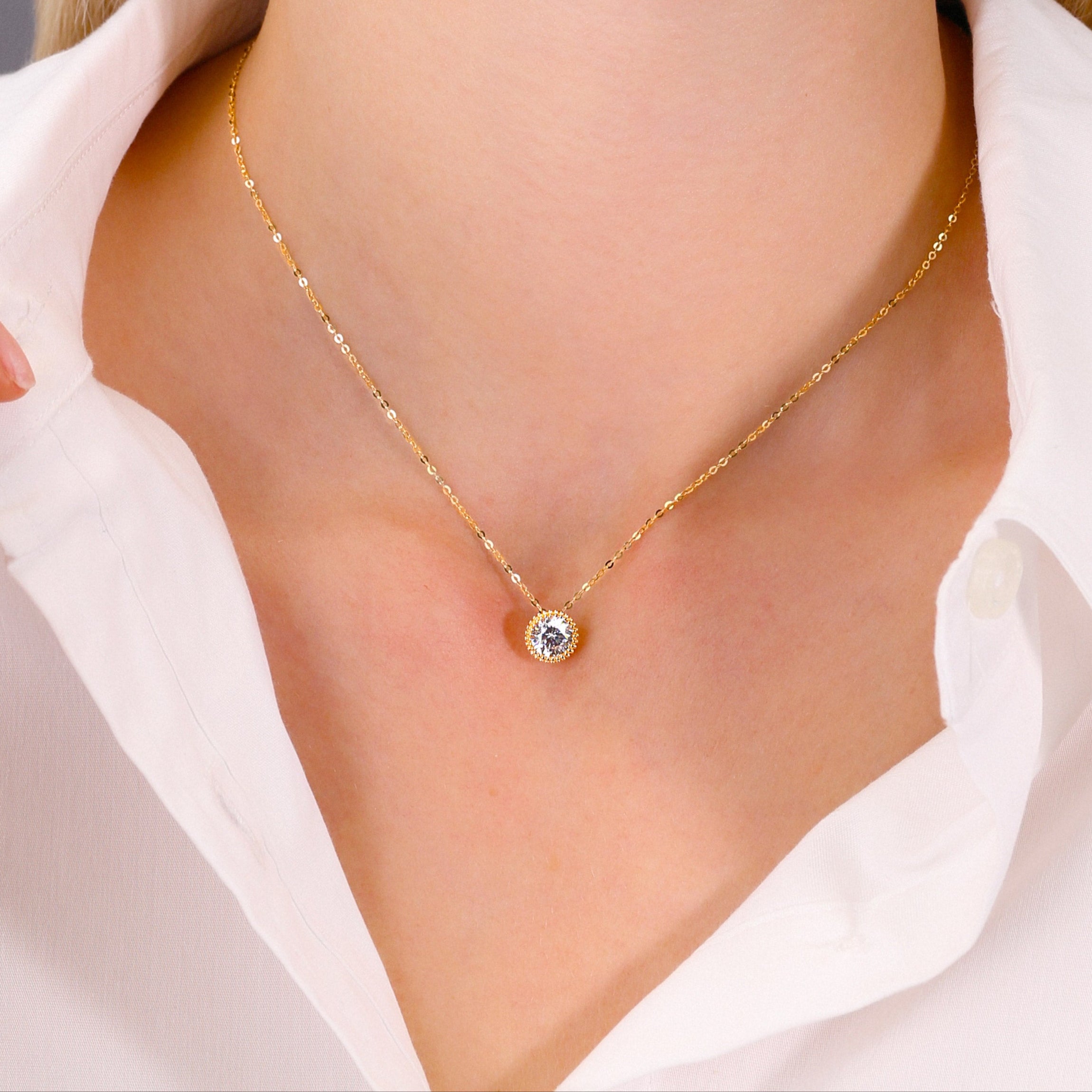 14k Gold Classic Solitaire Necklace. With Adjustable 14K Gold Cable Chain 16-18