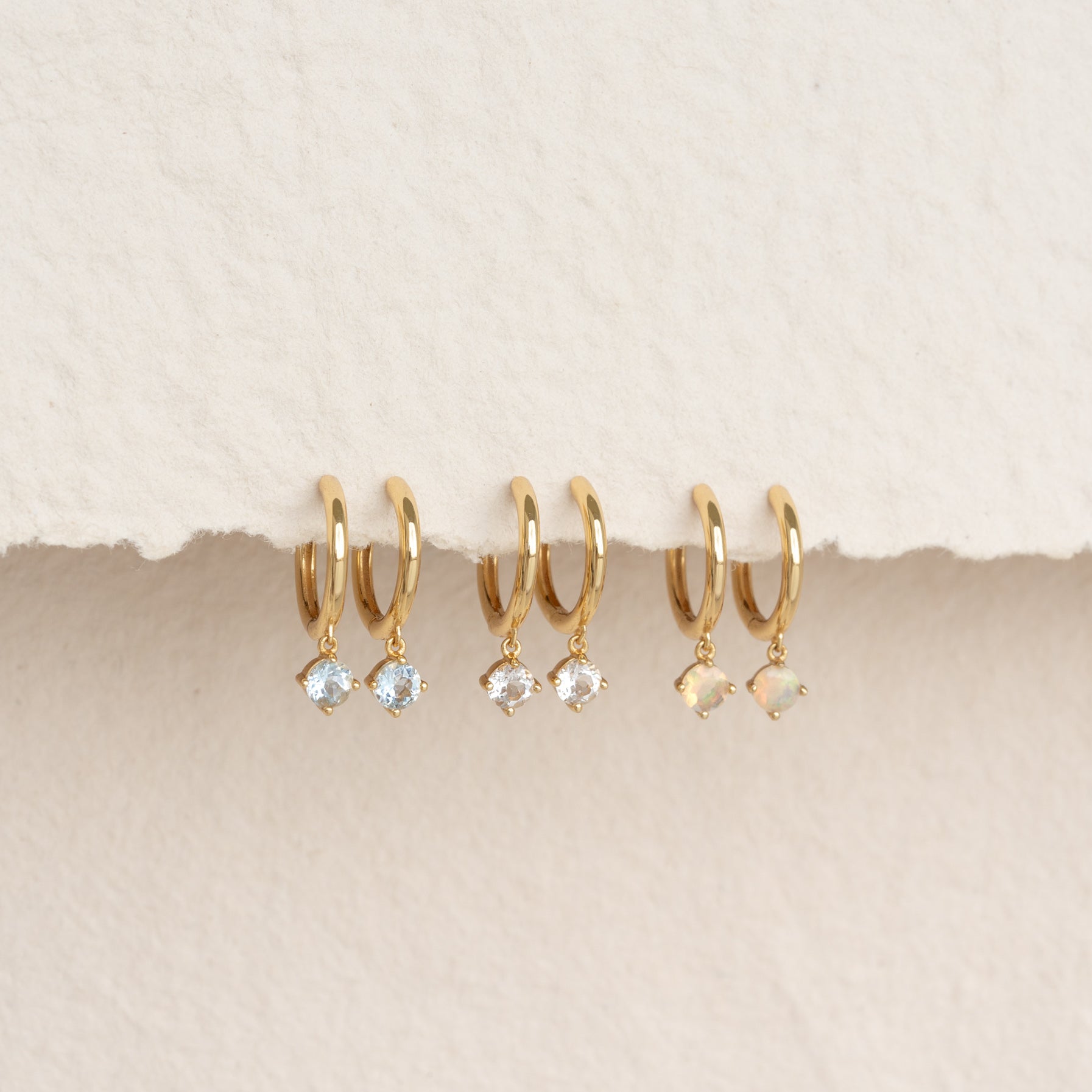 October Birthstone Drop Huggie Earrings - Opal