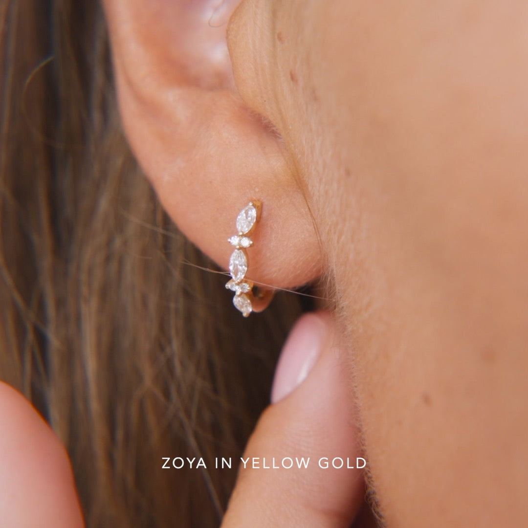 Marquise and Round Diamond Huggie Earrings White Gold - Zoya